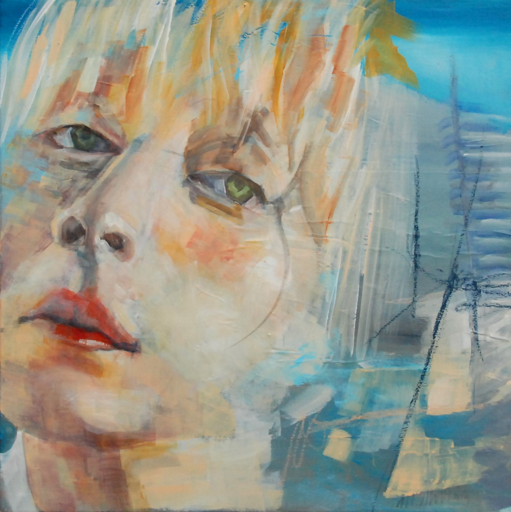 Figuratives Gemälde "HER", Mixed Media auf Leinwand (60x60 cm). Porträtausschnitt einer Person mit blonden Haaren vor blauem Hintergrund.