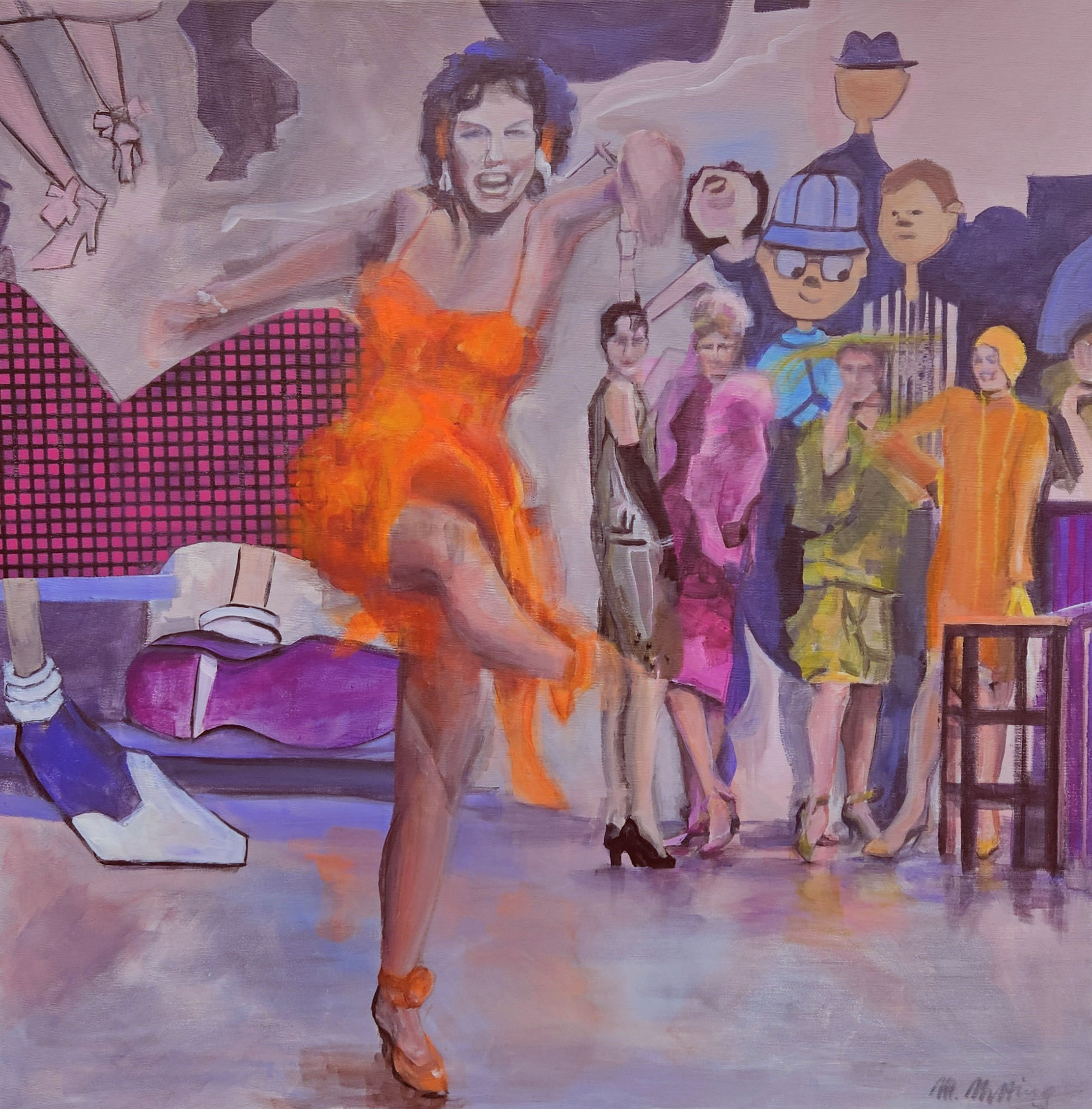 Figuratives Gemälde "This is Hollywood", Acryl auf Leinwand (100x100 cm). Eine tanzende Frau in orangefarbenen Kleid vor einer Zuschauergruppe.