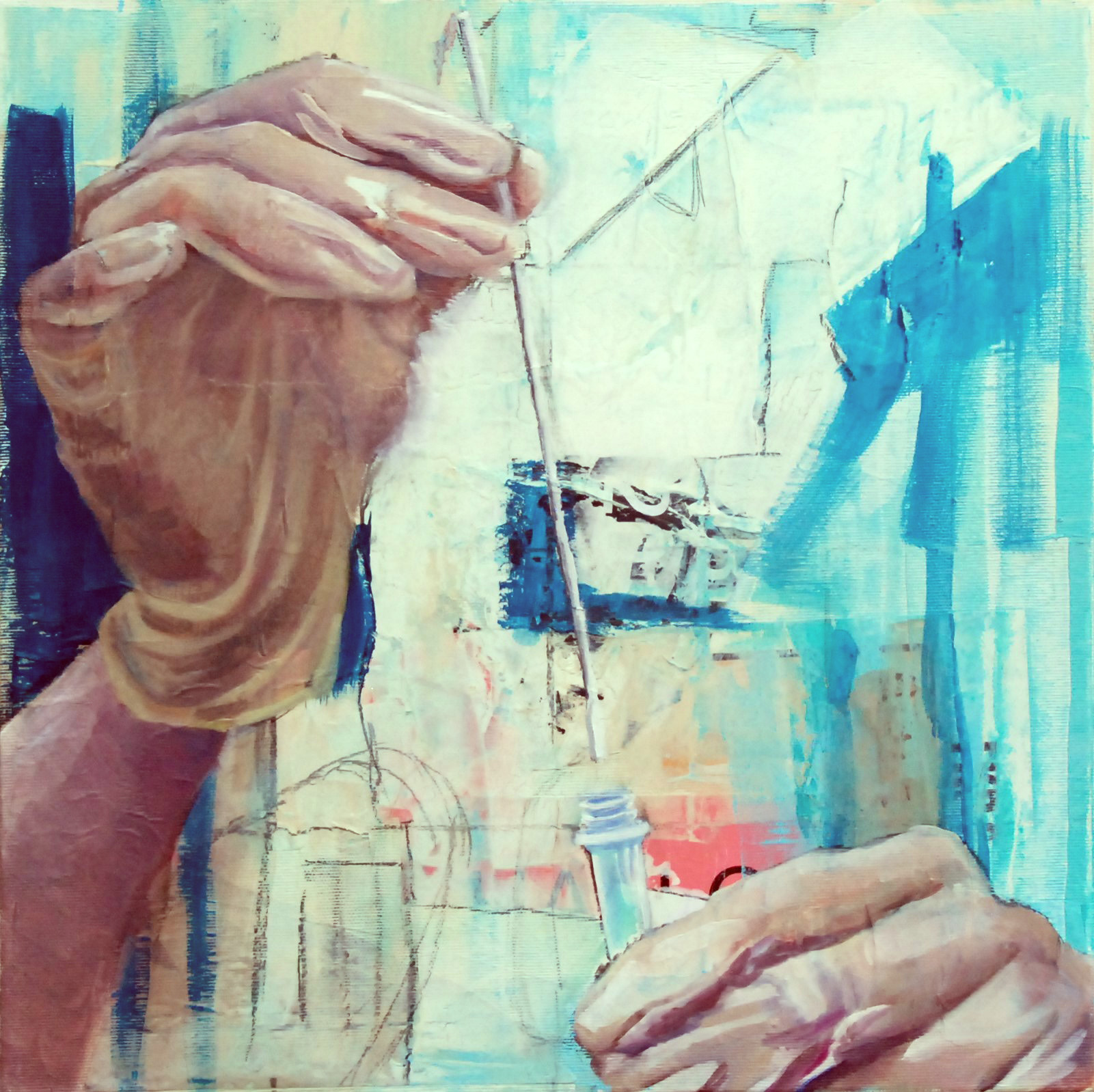 Figuratives Gemälde "Spurensuche", Öl, Acryl & Collage auf Leinwand (40x40 cm). Hände in Gummihandschuhen arbeiten mit einer Pipette und einem Laborröhrchen.