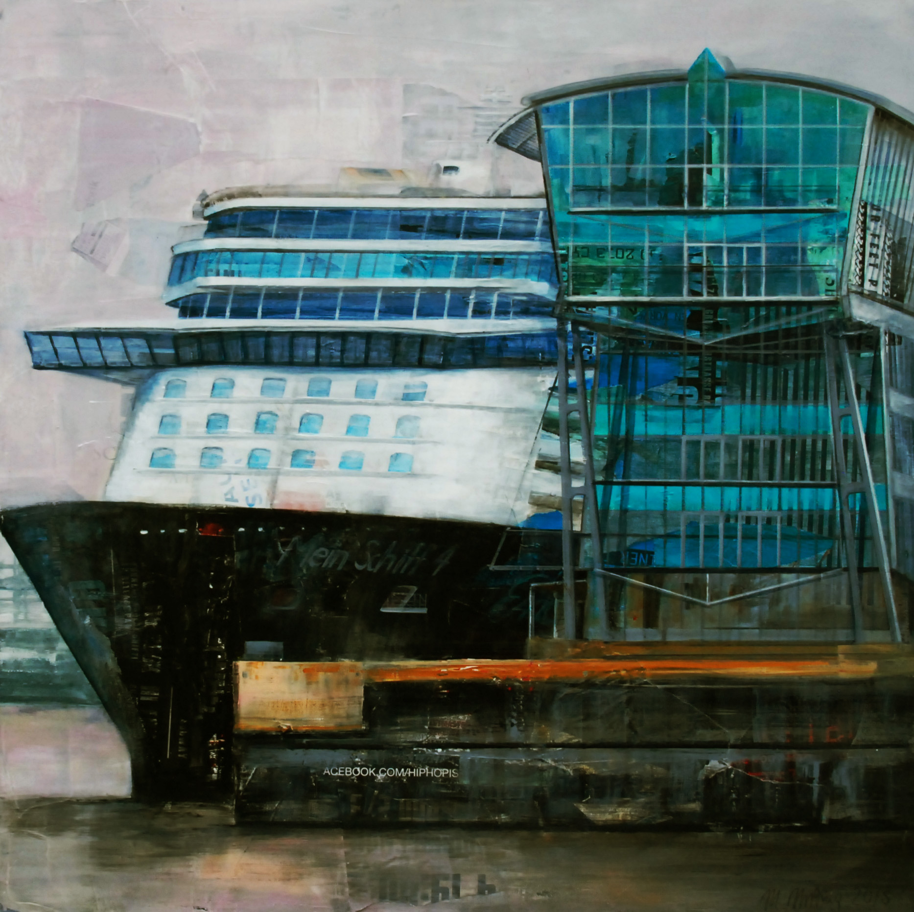 Hamburger Stadtmotiv "RIVE", Mixed Media auf Leinwand (90x90 cm). Gemälde eines Kreuzfahrtschiffs am gläsernen England-Terminal im Hamburger Hafen.