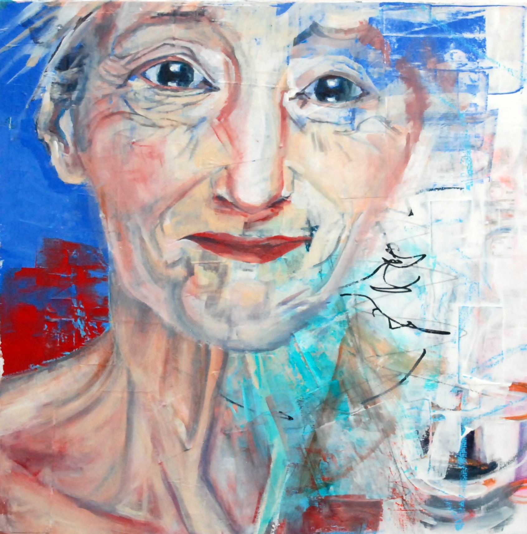 Figuratives Gemälde "WOMAN", Mixed Media auf Leinwand (60x60 cm). Nahaufnahme eines lächelnden Frauenporträts in Blau- und Rottönen.