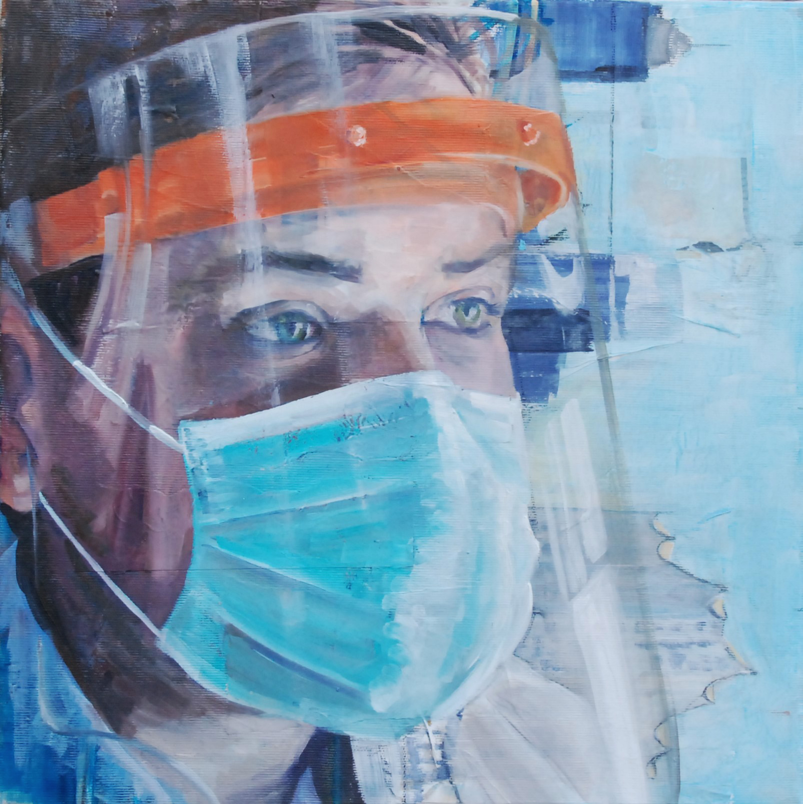 Figuratives Gemälde "Hinter der Maske", Öl, Acryl & Collage auf Leinwand (40x 40 cm). Porträtausschnitt einer Person mit blauem Mundschutz und transparentem Gesichtsvisier.