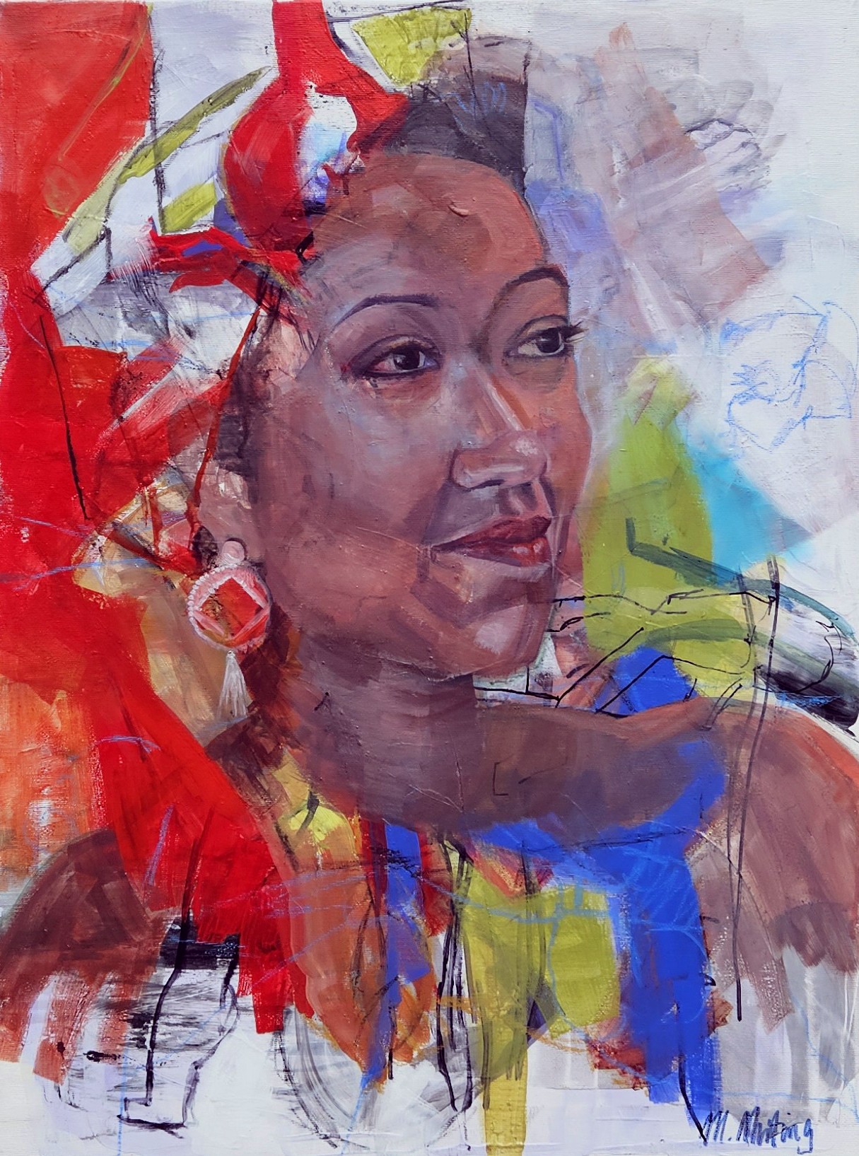 Figuratives Gemälde "Der Ohrring", Mixed Media auf Leinwand (80x 60 cm). Farbintensives Frauenporträt in Orange und Blau.