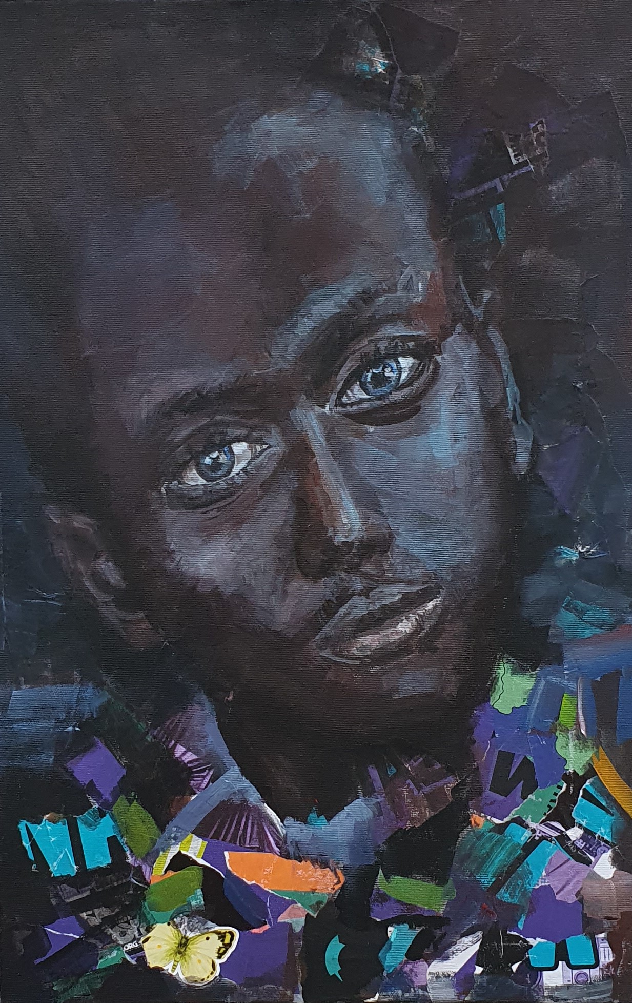 Figuratives Gemälde "Der blaue Blick", Acryl & Collage auf Leinwand (60x40 cm). Porträt mit fokussiertem Blick und buntem Kragen-Details. 