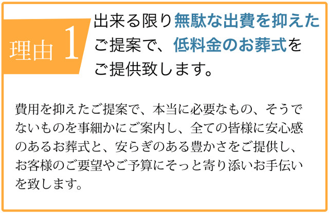 理由1 出来る限り無駄な出費を抑えたご提案で、低料金の火葬式・一日葬・家族葬・一般葬をご提供致します。 費用を抑えたご提案で、本当に必要なもの、そうでないものを事細かにご案内し、全ての皆様に安心感のあるお葬式と、心安らぐ豊かさをご提供し、お客様のご要望やご予算にそっと寄り添いお手伝いを致します。