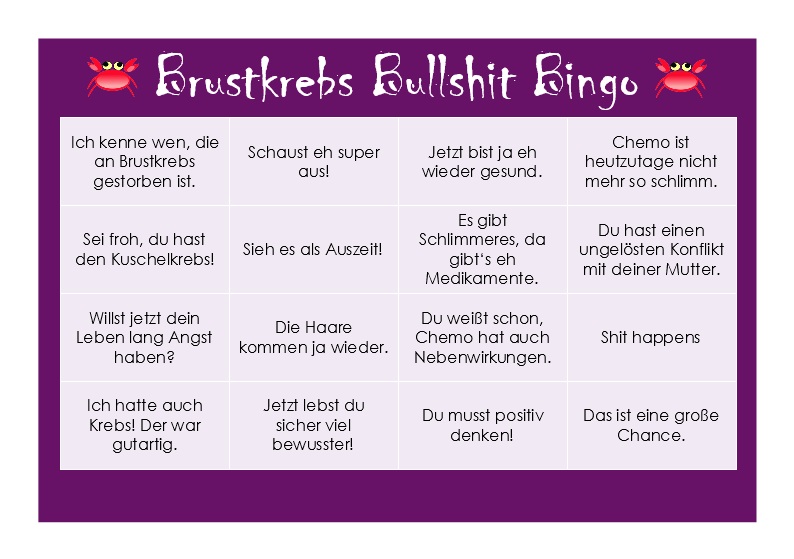 Brustkrebs Bullshit Bingo, Fettnäpfchen, unsensible Sprüche,