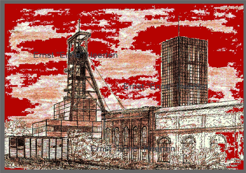 1.5. - Essen Zeche Zollverein - Förderturm mit rotem Himmel  / 200.- €