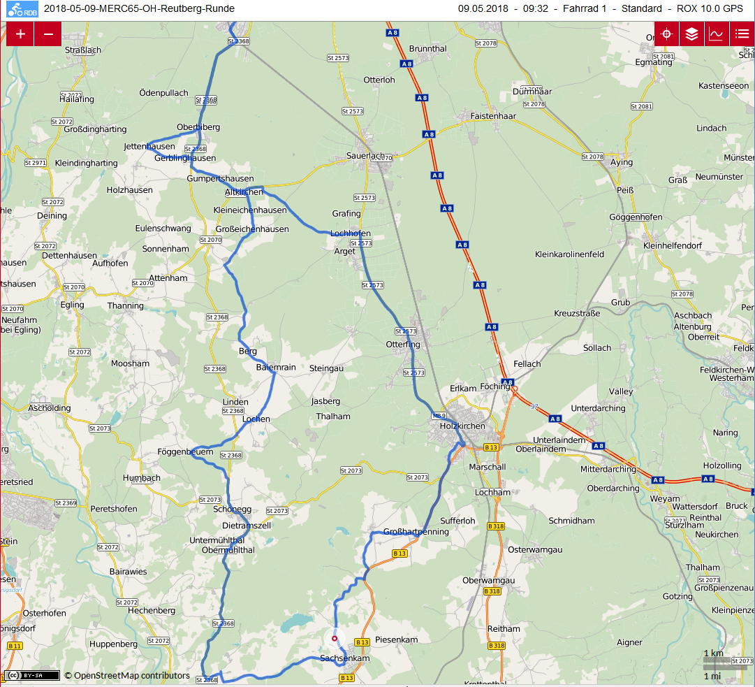 Tour 2: Oberhaching, Dietramszell, Kloster Reutberg, Holzkirchen, Oberhaching. 77,77 km, 3:55 h, 19,77 km/h, 599 Hm.