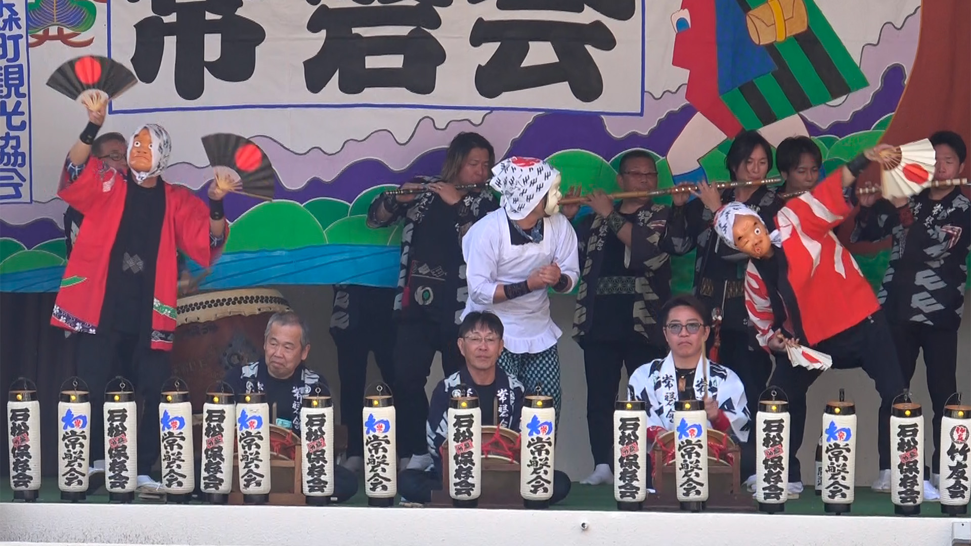 常磐会お囃子と「おかめひょっとこ・田吾作」手古舞の披露「石松囃子・屋台下〜乱れ」