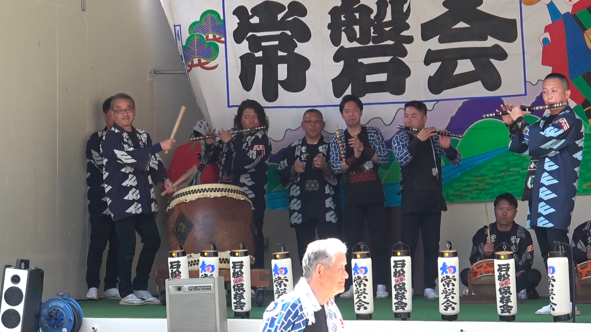 常磐会お囃子と「おかめひょっとこ・田吾作」手古舞の披露「石松囃子・屋台下〜乱れ」