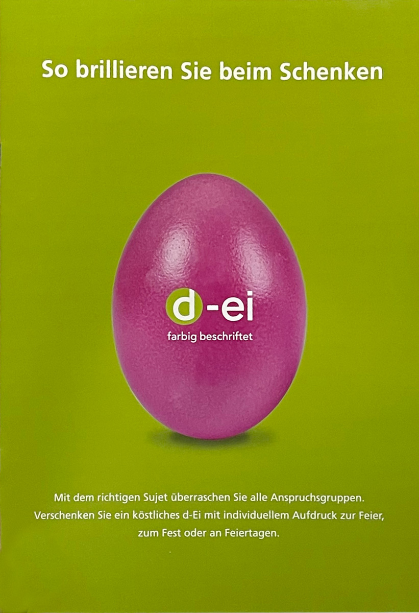 Prospekt designen lassen vom Grafiker. Beispiel: Titelseite Prospekt d-Ei der Prägetech AG