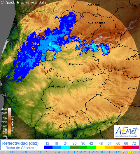 Imágenes de radar sobre Extremadura a 24 de diciembre de 2013.