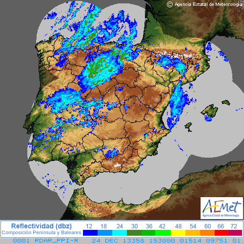 Imágenes de radar sobre la península a 24 de diciembre de 2013.