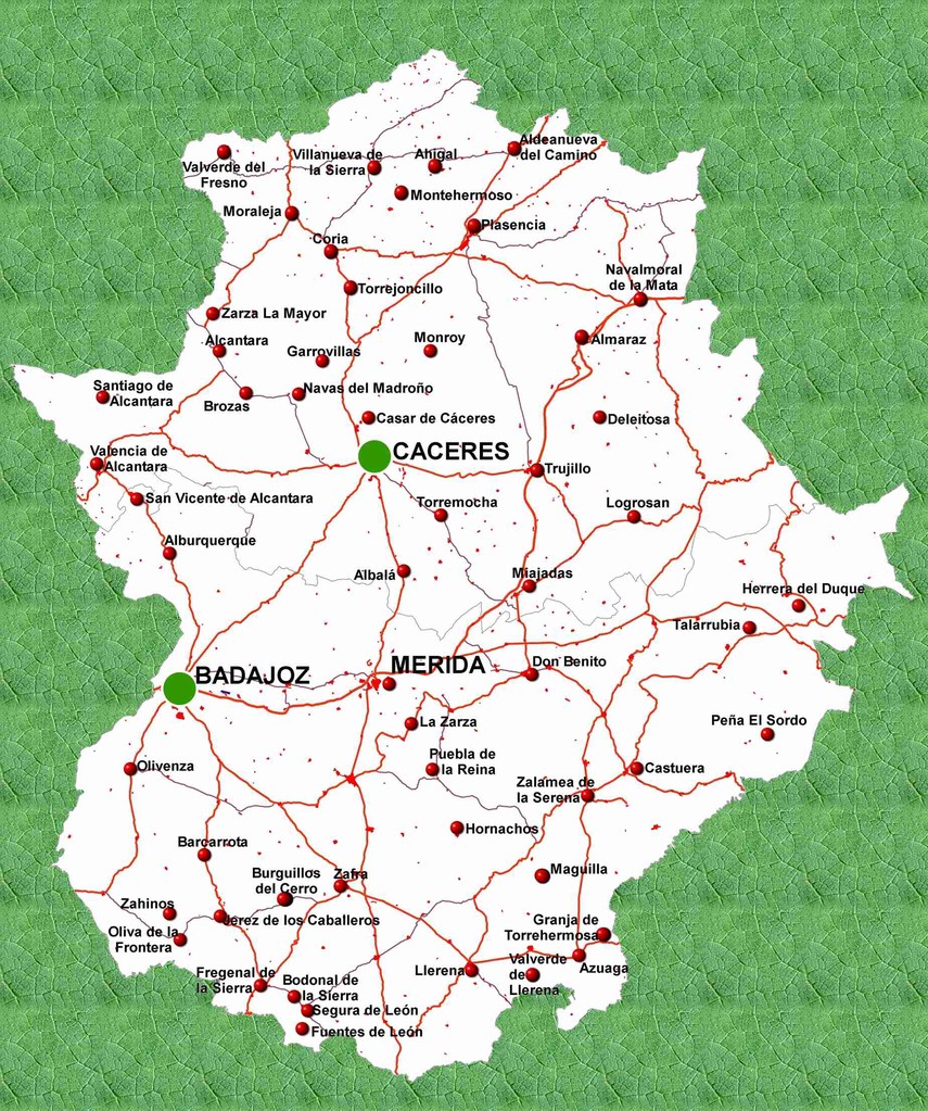 Mapa de carreteras de Extremadura.