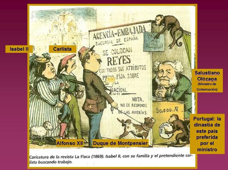 Caricatura respecto a la sucesión monárquica en la España de la época (1869). Isabel II de España aparece con un chiquillo, el futuro Alfonso XII. También lee el anuncio un carlista, con la boina roja.