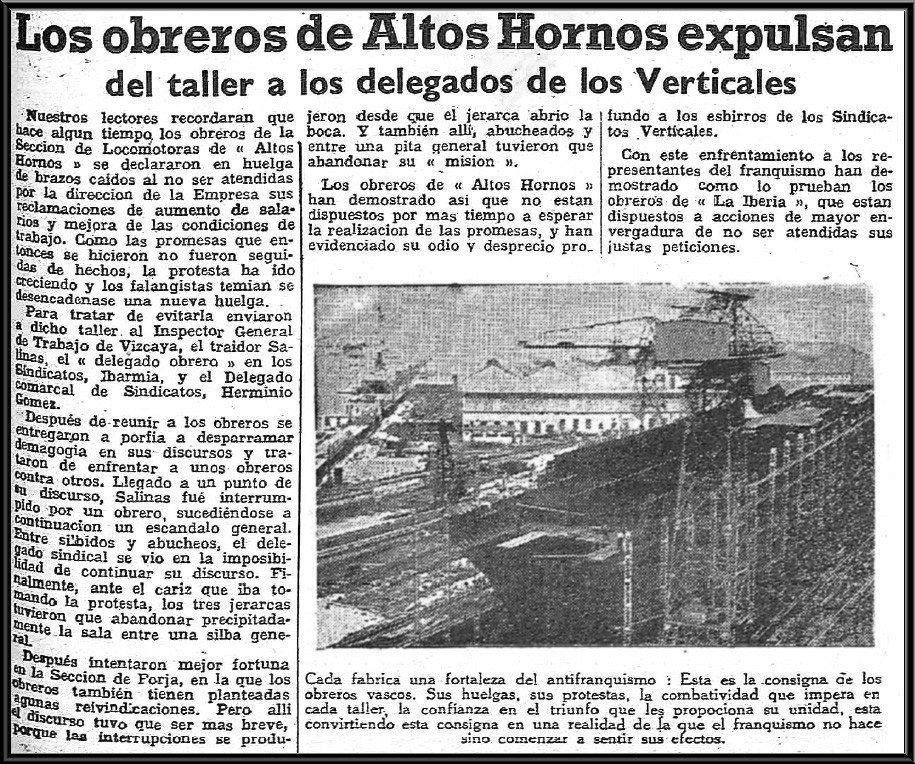 HHuelga de obreros de Altos Hornos de Vizcaya contraria a la intromisión del Sindicato Vertical en 1945.