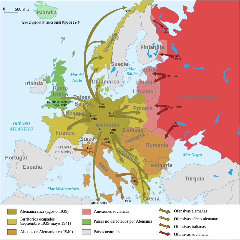 Mapa del desarrollo bélico de la II Guerra Mundial.