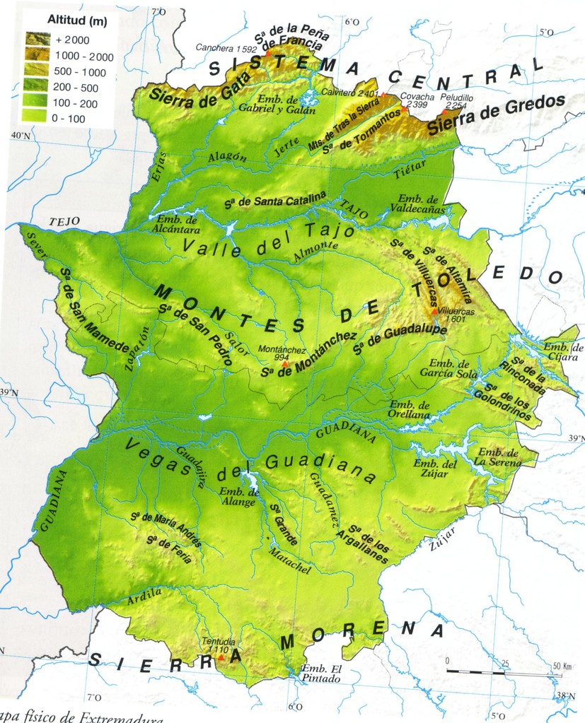 Mapa físico de Extremadura.