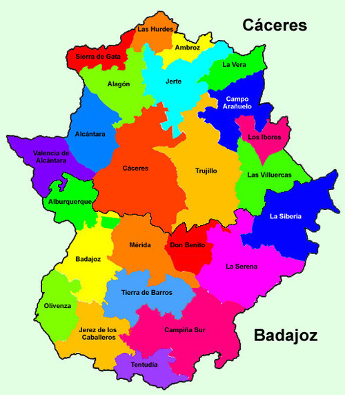 Mapa de las comarcas administrativas (Programa Leader) de Extremadura.