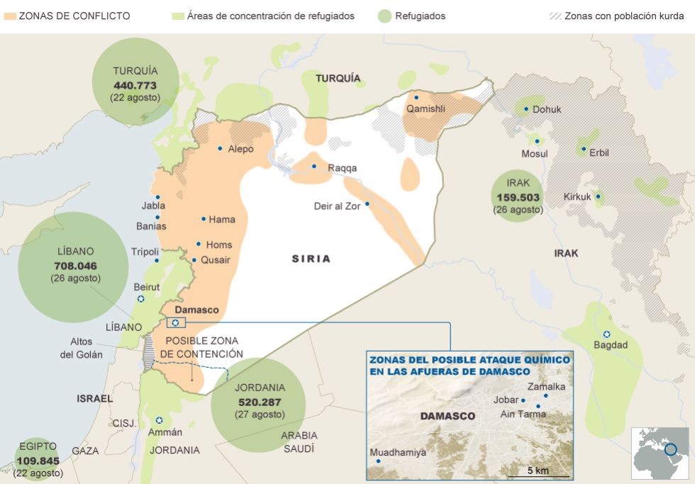 Mapa de Siria y el conflicto armado.