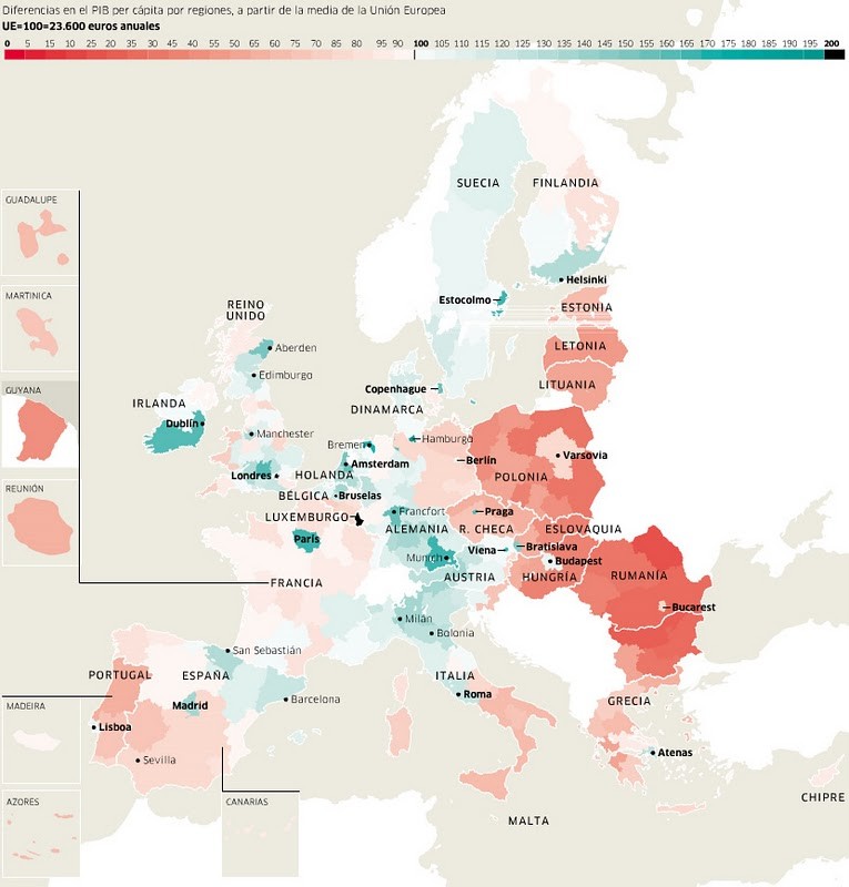 DIFERENCIAS REGIONALES DE RENTA PER CÁPITA EN EUROPA (a partir de la media europea).