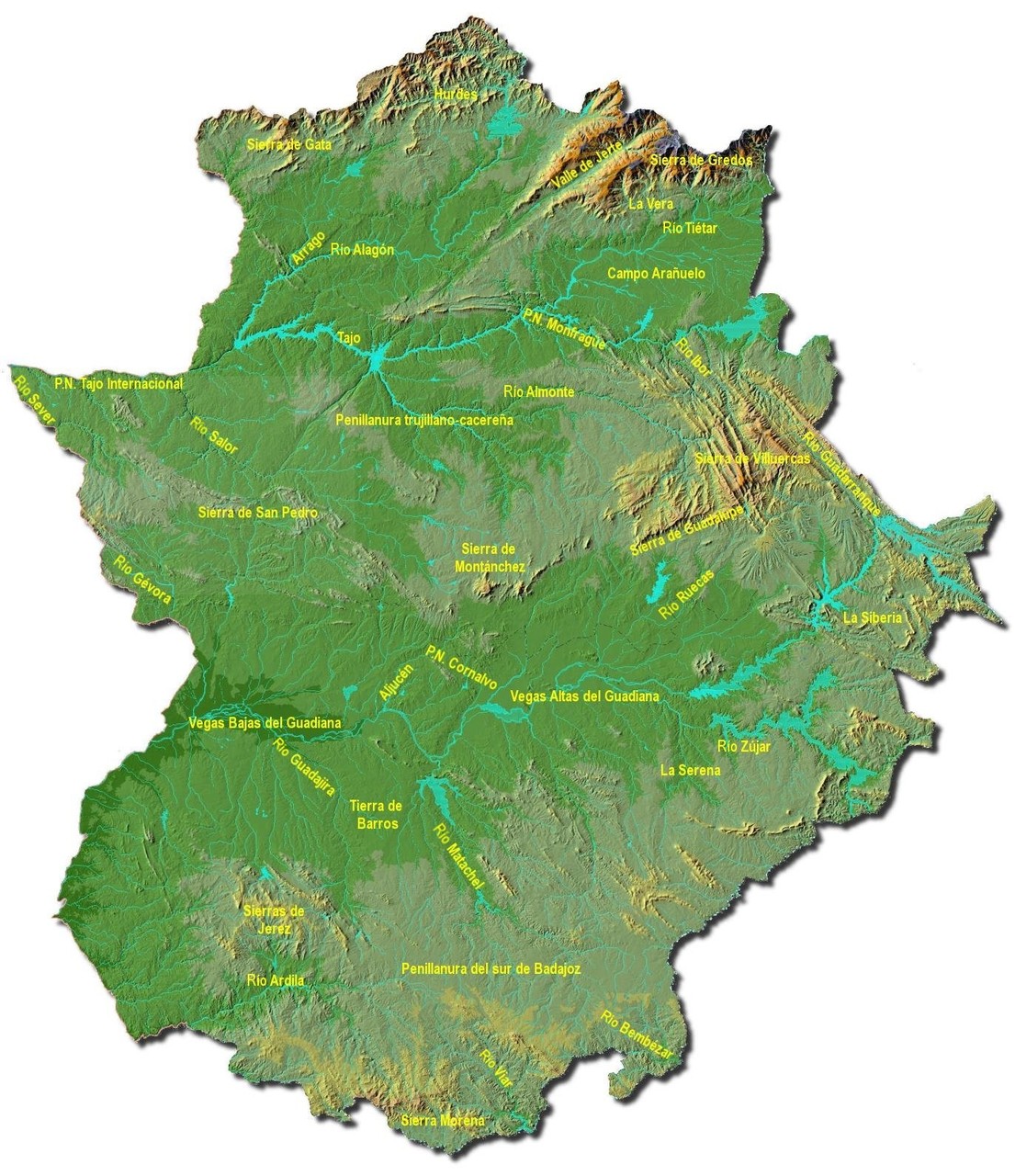Mapa de Extremadura de la unidades del relieve, ríos y Parques Naturales.