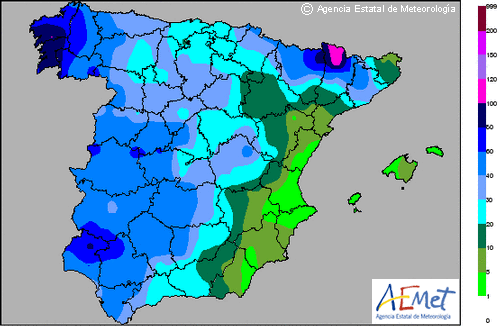 Mapa de precipitaciones sobre España.