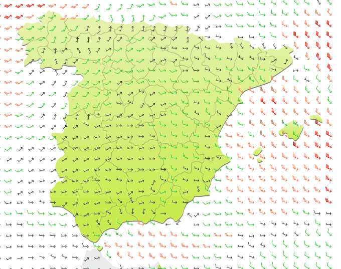 Mapa de vientos sobre España a 24 de diciembre de 2013.