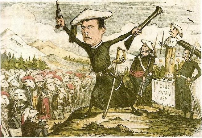 Caricatura del Carlismo, personajes e ideales. La Primera República hubo de hacer frente a inicios de las terceras Guerras Carlistas.