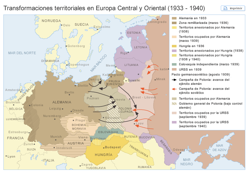 Mapa de la situación bélica antes de la II Guerra Mundial.