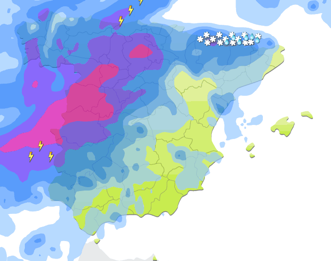 Mapa de precipitaciones sobre España a las 19 h. de 24 de diciembre de 2013.