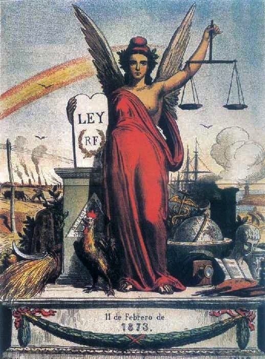 Alegoría de la I República Española (1873-74).Alegoría de La Niña Bonita sobre la I República Española, al estilo de la Marianne francesa.
