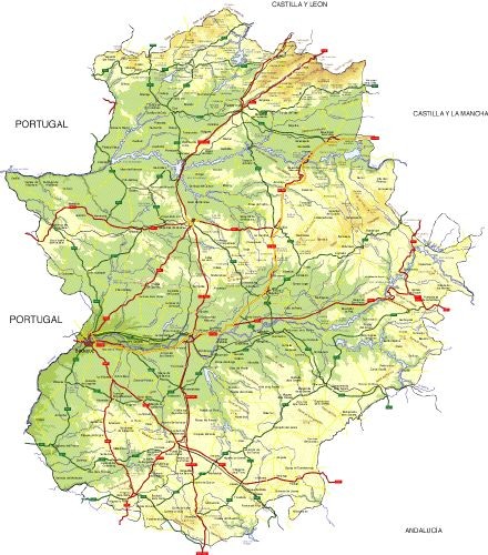 Mapa de límites políticos y altitud de Extremadura.