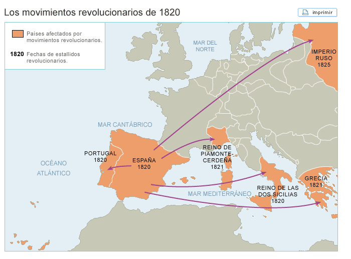 Mapa de las revoluciones de 1820.