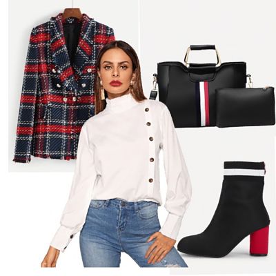 outfits tartan, outfits blazer cuadros, outfist botines, outfit oficina, estampado tartan