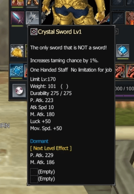 Crystal Sword for 1% Taming Chance