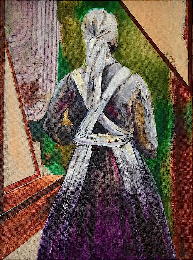 "SHE HAD TO TURN AWAY", Öl auf Leinwand, 40 x 30 cm, 2014. Sie hat schon viel gesehen. Doch heute muss sie die Augen schließen.