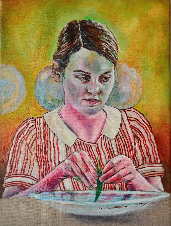 "DAYS PASS BY, WORKING FOR OTHERS I", Öl auf Leinwand, 40 x 30 cm, 2014. Sie hat noch viel Kraft. Doch das Leben, das sie führen muss, nimmt sie ihr..