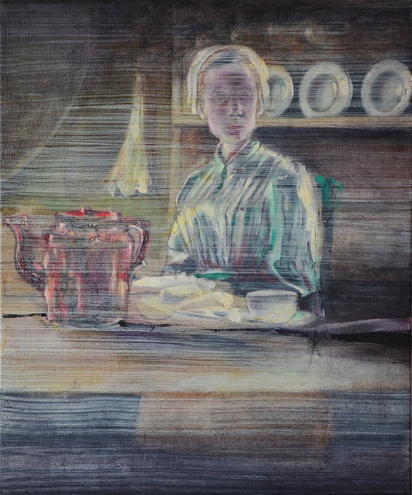 "DAYS PASS BY, WORKING FOR OTHERS II", Öl auf Leinwand, 60 x 50 cm, 2014. Das Gesicht im Spiegel verschwindet mit jedem Tag ein wenig mehr.