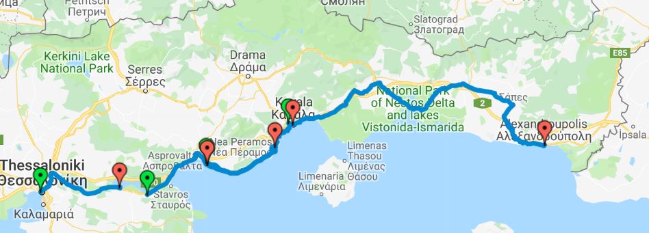 Gefahrene Strecke bis Nea Peramos und geplante Fortsetzung bis Alexandroupolis