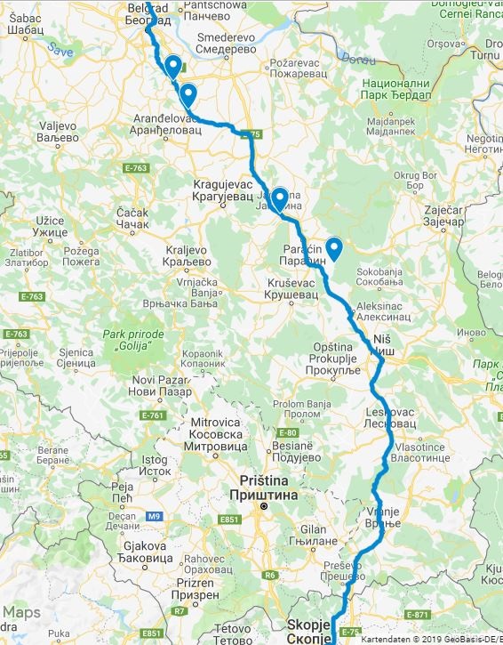 Route von Belgrad bis Skopje