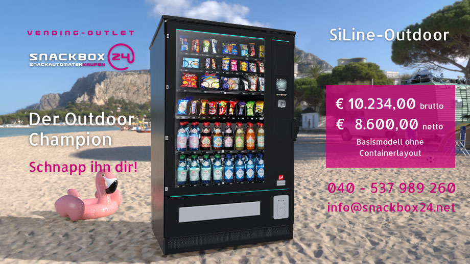 Grafik: SiLine-Outdoor Snackautomat, optional mit: Münzwechsler, Banknotenleser, Alterskontrolle, Telemetrie + Kartenterminal