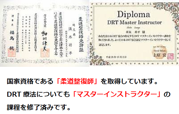 国家資格である「柔道整復師」を取得しています。 DRT療法についても「マスターインストラクター」の 課程を修了済みです。