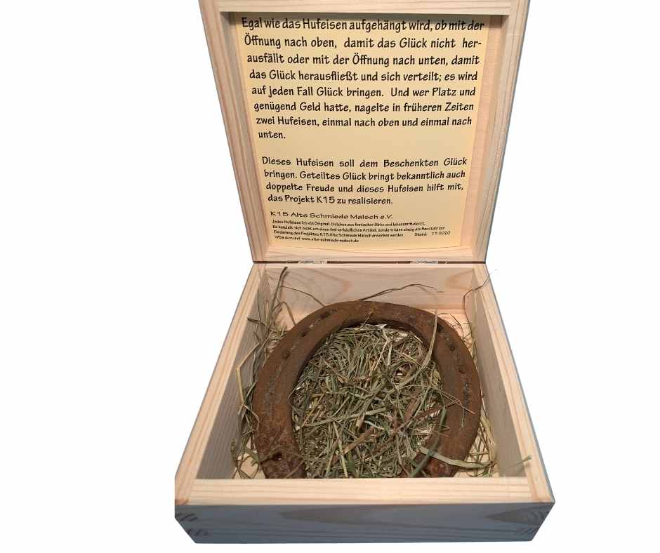 Original Hufeisen in Holzbox mit Klappdeckel
