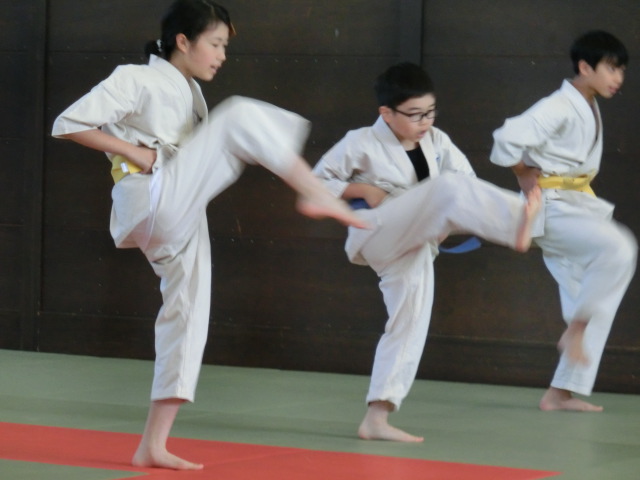 小学生の審査で、前蹴りを蹴っているところ