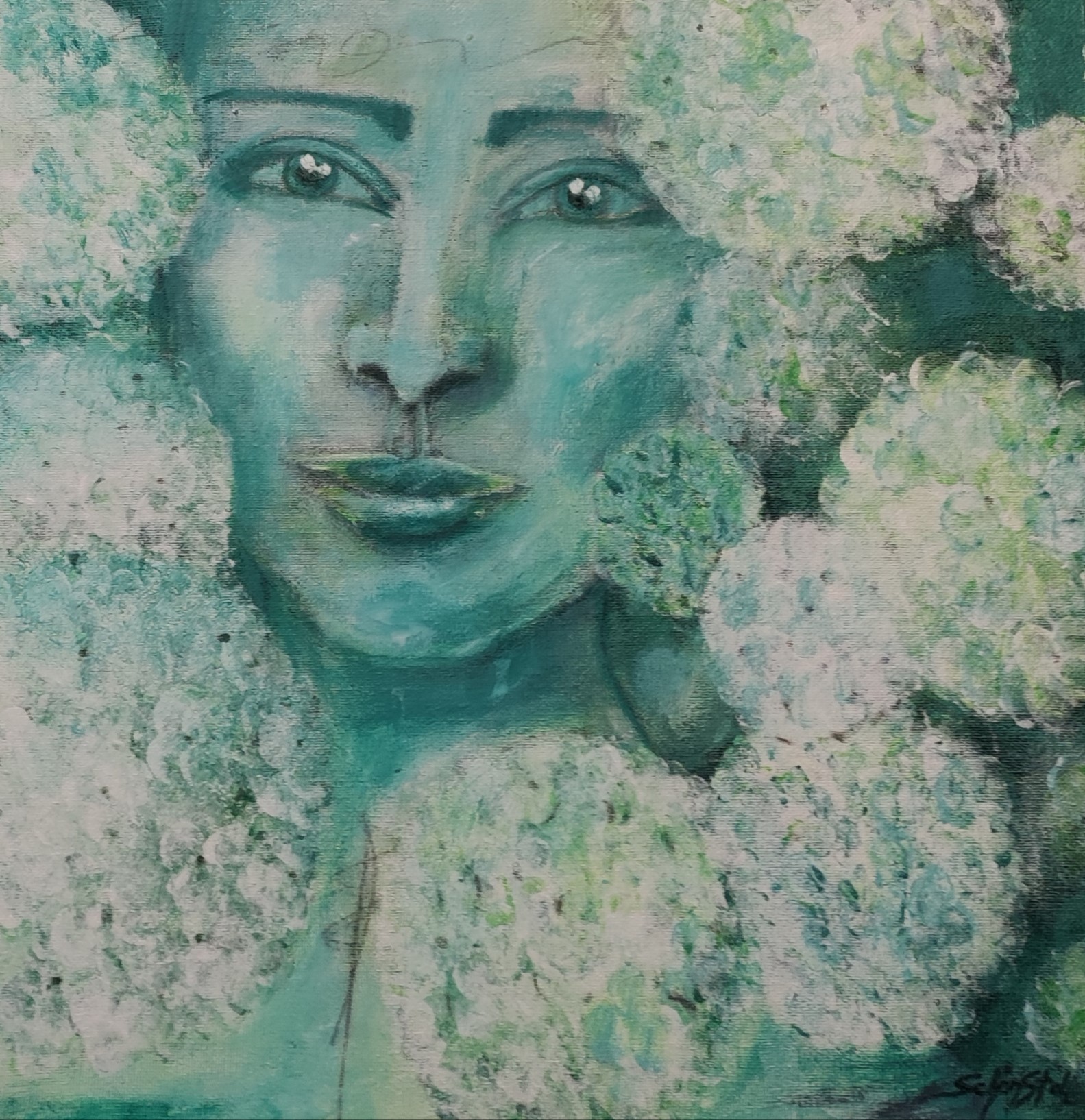 "Dame mit Hortensie Nr.2" Acryl auf Leinwand, 40 x 40 cm