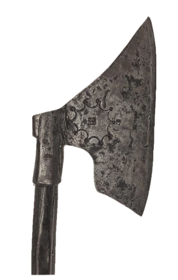 Kriegsaxt mit langer geschwungener Klinge, gepunzt mit einem Stern, Schmiedemarke und Kreuz auf jeder Seite. 15. Jahrhundert. Zschille Kollektion.