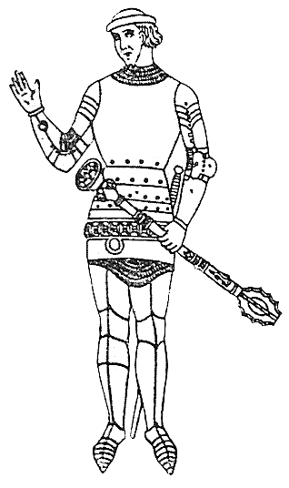 Fig. 8. Sergent-d’armes vom Anfang des 15. Jahrhunderts. Bemalter und vergoldeter Steinschnitt, in der Kirche zu St. Denis bei Paris. (Nach Demmin, 2. Ergänzungsband, S. 54.)