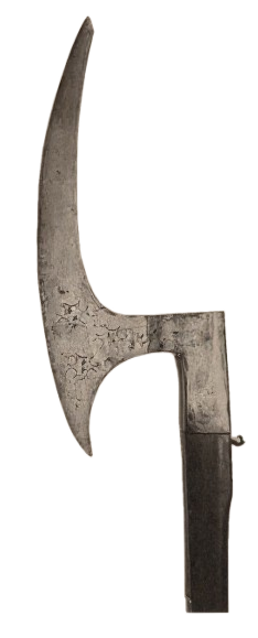 Kriegsaxt aus rostfreiem Eisen, Originalschaft mit zwei Riemen. 15. Jahrhundert. Herkunft: Schweden. Zschille Kollektion.