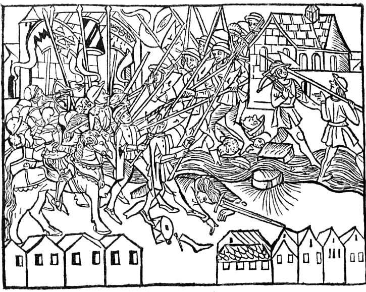 Straßenkampf im 15. Jahrhundert. Holzschnitt aus Chronik von Köln. Köln, Kovelhoff, 1499.